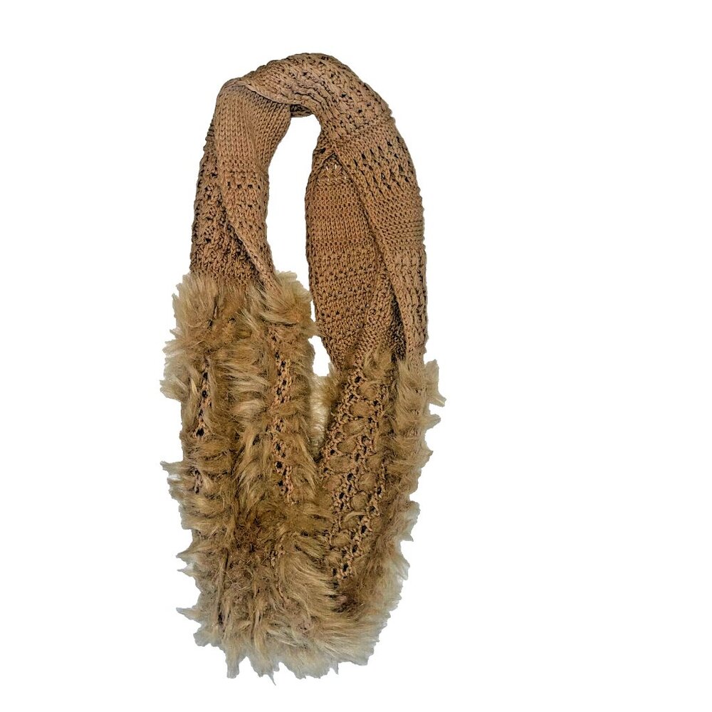 Women's Tan Fur Scarf Knitted Infinity Neck Warmer Winter Accessories - Picture 3 of 7
